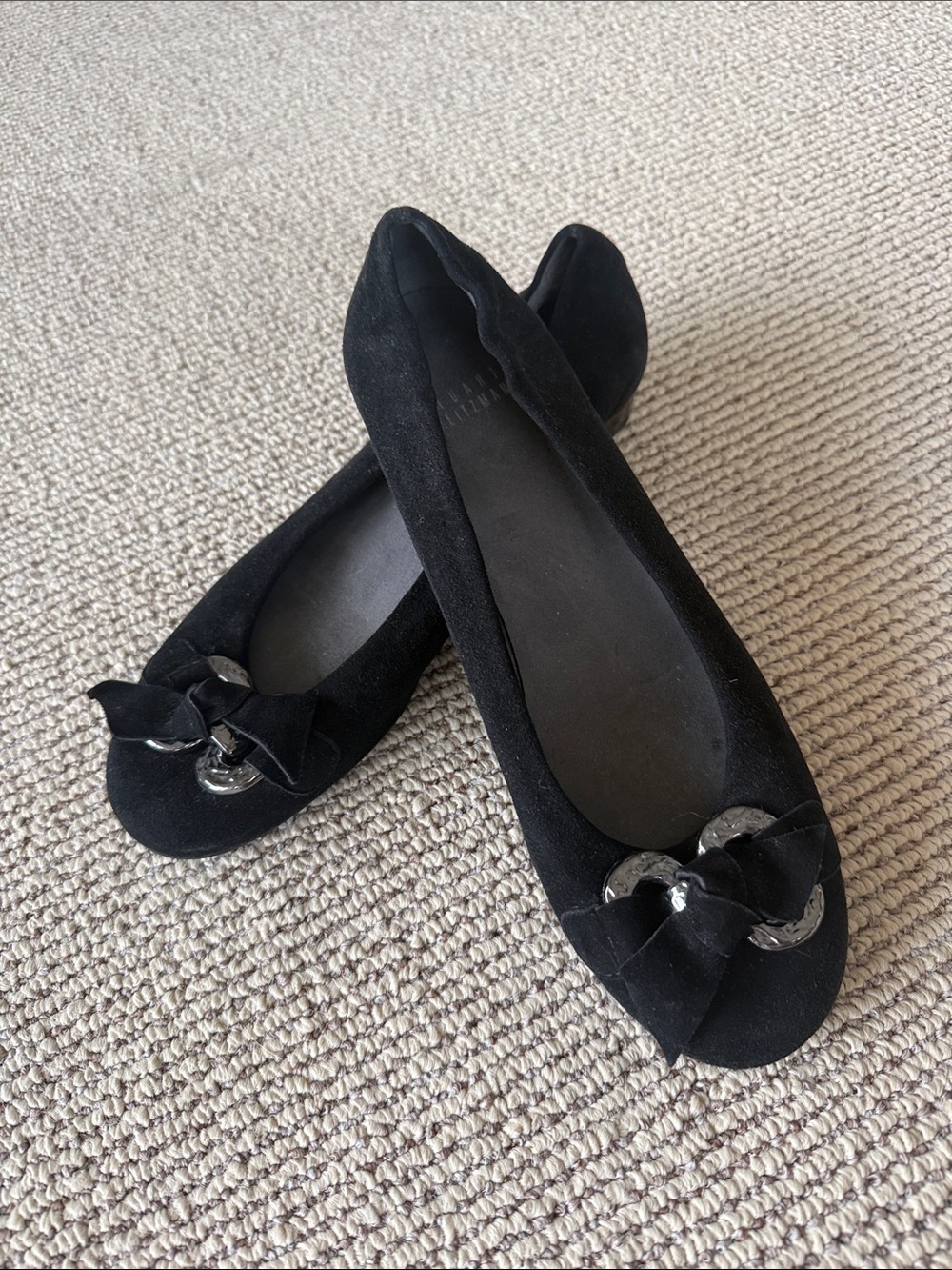 Stuart Weitzman Black Suede Ballet Flats with Bow and Silver Hardware